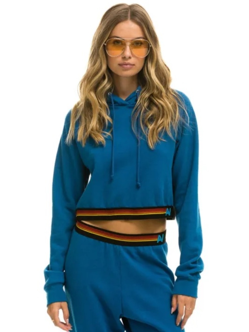 Aviator nation blue cropped hoodie with rainbow detail - size medium